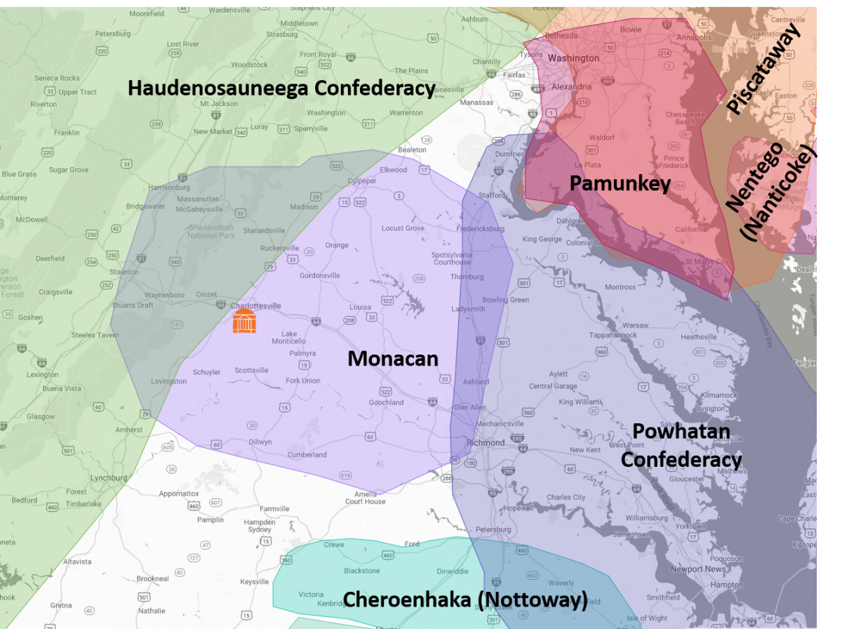 This map illustrates the traditional territory of the Monacan Indian Nation, which encompasses an area in Central Virginia extending east to just outside of Richmond, north to Culpepper, west to Staunton, and south to Dillwyn. The Pamunkey Indian Tribe, the Chickahominy, the Eastern Chickahominy, the Upper Mattaponi, the Rappahannock, and the Nansemond also call this home. Bordering this area to the east are the Pamunkey, Powhatan Confederacy, and the Cheroenhaka (Nottoway) tribes