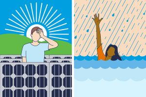 Illustration of someone standing behind solar panels; another person raising their hand from behind high waters
