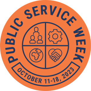 Logo for Public Service Week, event title within orange circle with symbols of service