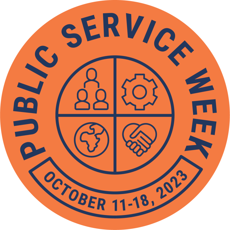 Logo for Public Service Week, event title within orange circle with symbols of service