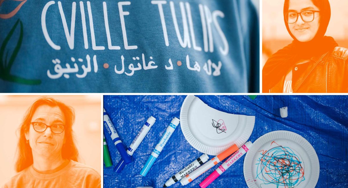 (Illustration by John DiJulio, University Communications)- images of Cville Tulip t-shirt, Marjan Omranian, Bonnie Gordon, and children's art